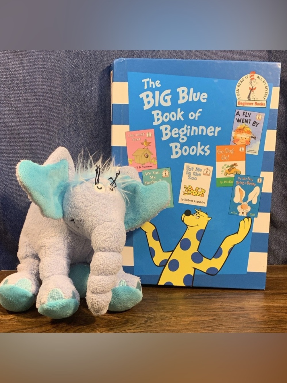 Dr Seuss Beginner Books Lot Big Blue Book VTG Horton Elephant Plush Kids Reading